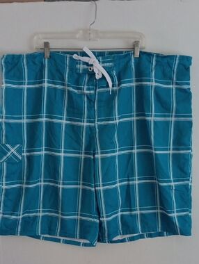OP Teal Plaid Swim Board Shorts with White Drawstring SIZE 3X